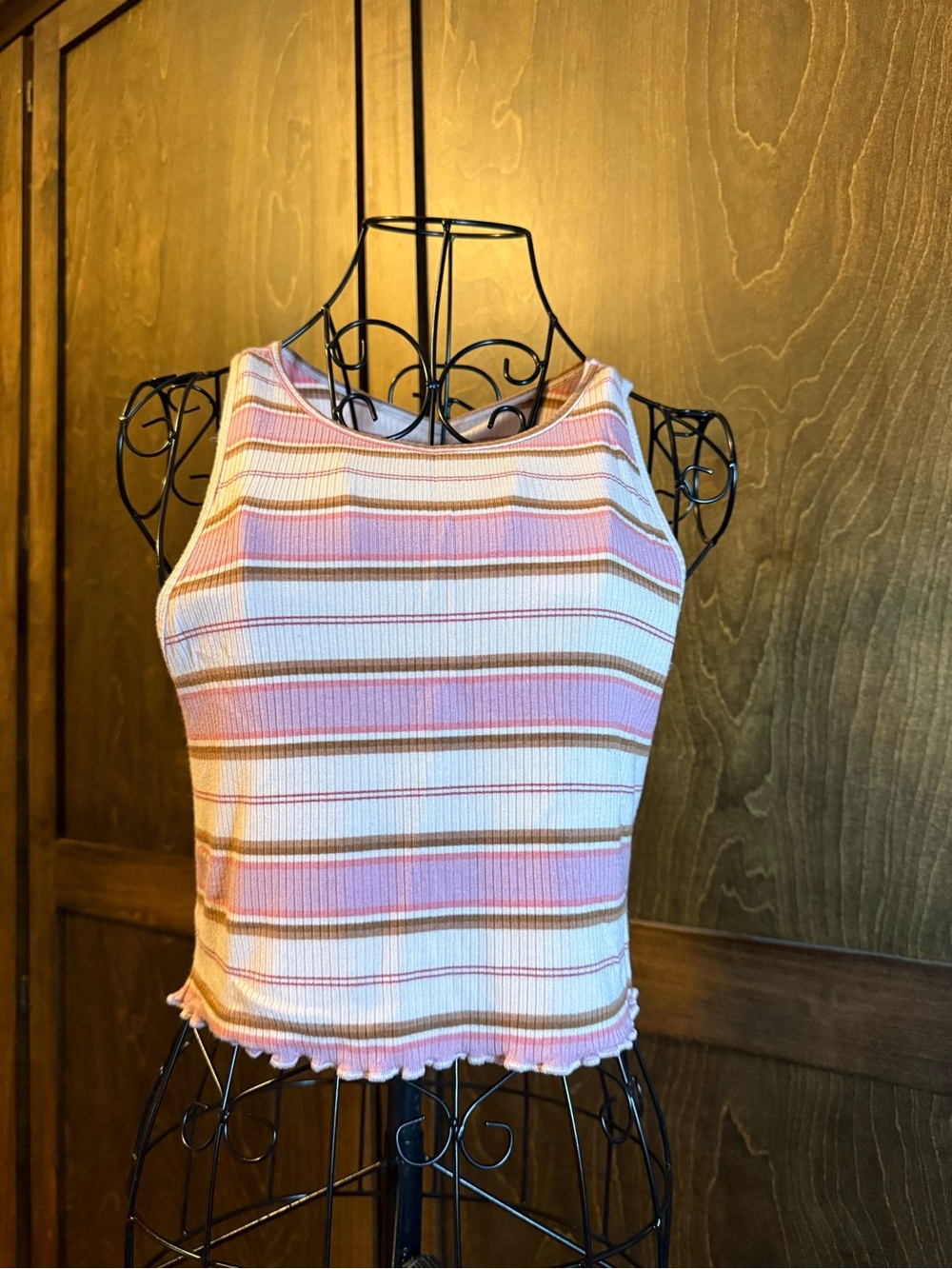 American Eagle Outfitters Pink Cream and Brown Striped Ribbed Tank